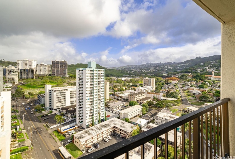 City and mountain views.