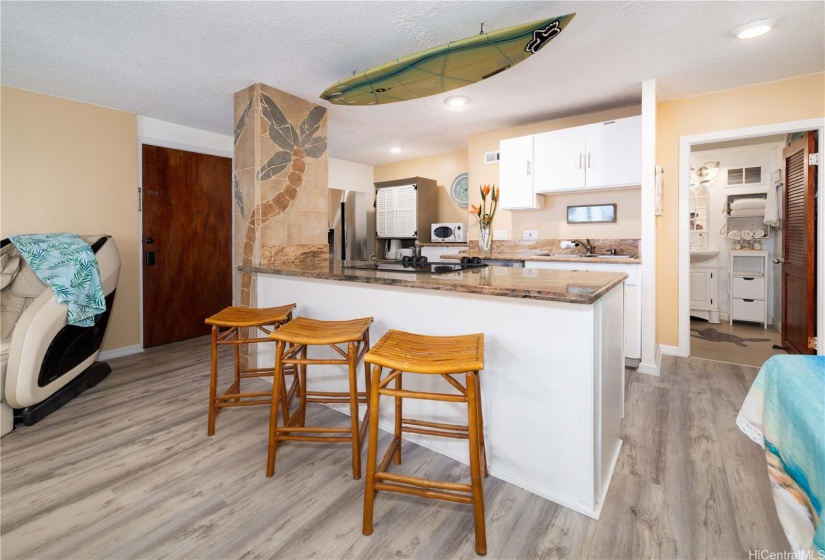 Open kitchen, living room and dining area