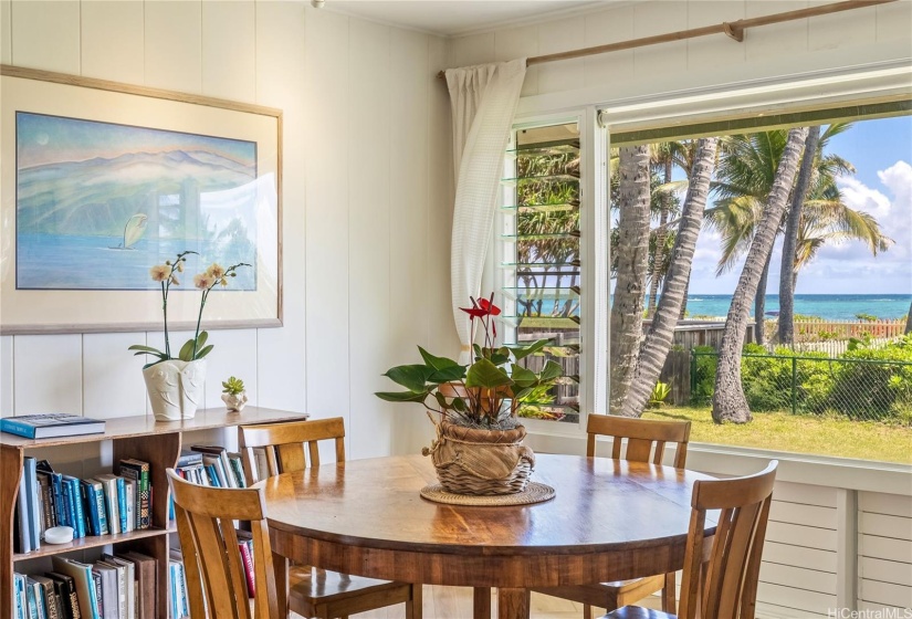 Dining area is cooled by the ocean breeze and has a view of world renowned Lanikai Beach.