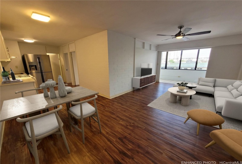 Kitchen and Living room flooded with Natural Light. Enhanced.