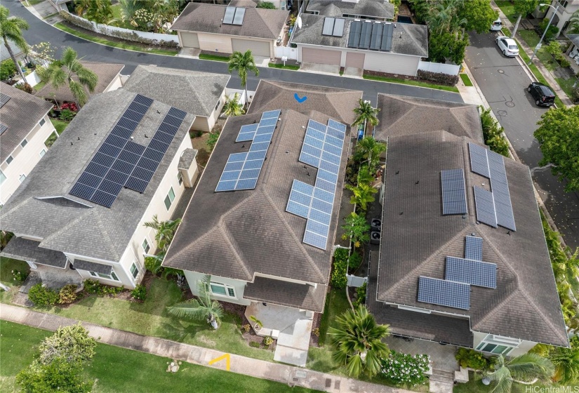 Arial shot of home's photovoltaic system.