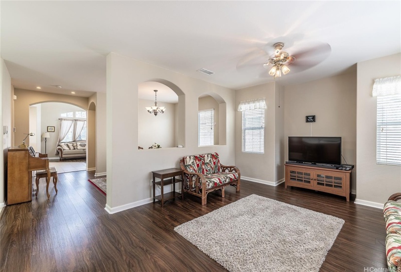 Entertainment area, dining room, view back to entry living room area.