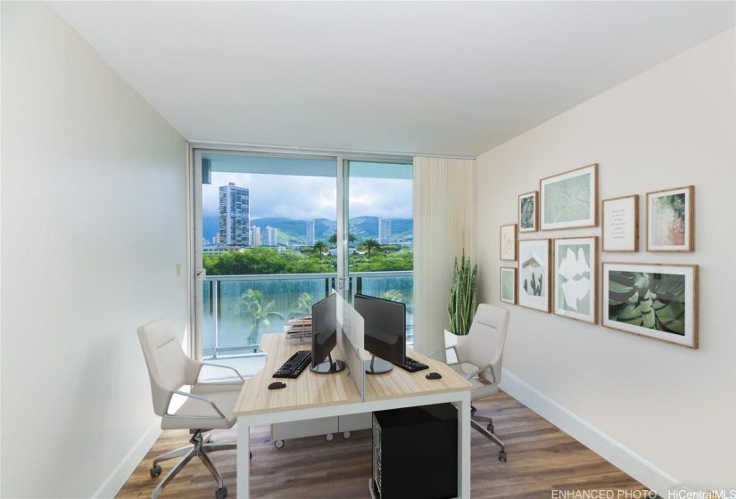 Second Bedroom w/ floor to ceiling windows and balcony - Enhanced (virtually staged large desk with 2 work stations and accessories)