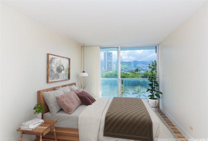 Primary Bedroom w/ floor to ceiling windows and balcony - Enhanced (virtually staged furniture and accessories)