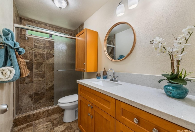 Full Bathroom - Renovated Ceramic Tile Shower and Flooring, Cabinets and Quartz Counter Top