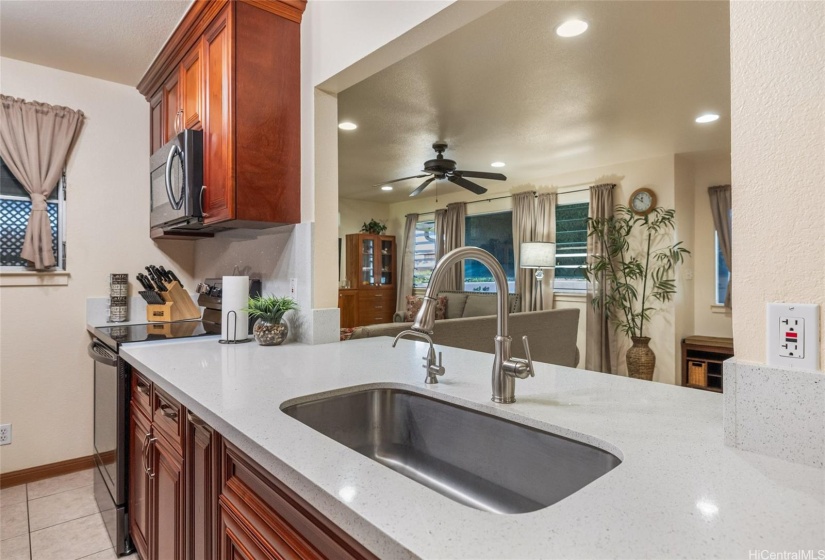 Kitchen View 2 - Custom made Maple Cabinets, Quartz Counter Top