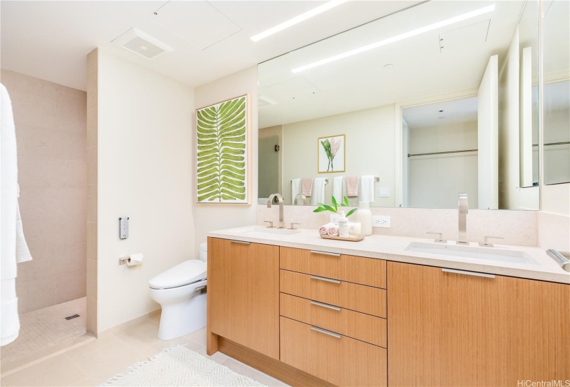 The bathroom features double sinks, walk-in shower, and Toto toilet.