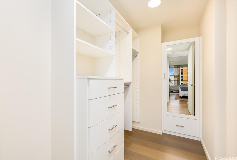 Walk-in closet with a mirrored storage door so you can check out your look from head to toe.