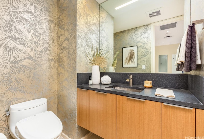 The elegant guest bathroom.