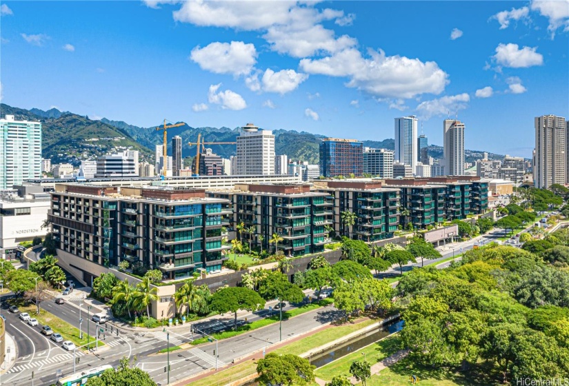 A view of Park Lane Ala Moana. The Club Residences, including #1405, are along the short end of the complex facing Piikoi Street.