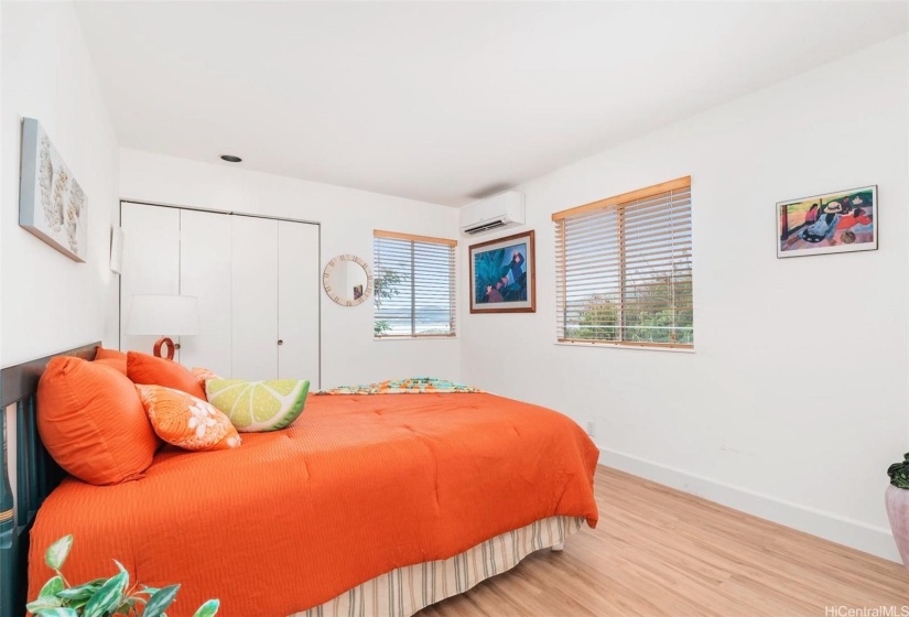 2nd bedroom downstairs with a view, a large closet and split AC.