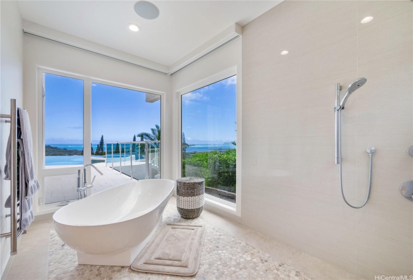 Primary bath with gorgeous soaking tub and walk-in shower with built in speaker and view that will never get old.