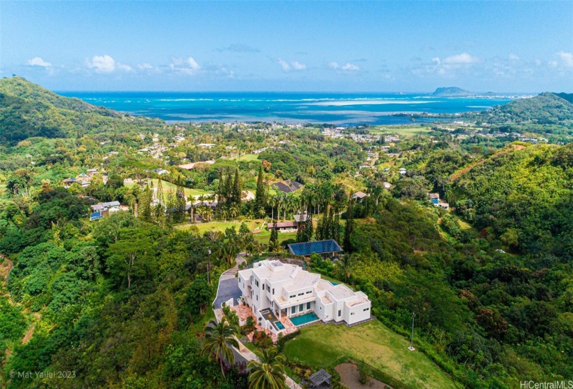 View of the property and 120 electrical panels, looking north from the Ko'olau Mountains toward the Pacific Ocean.