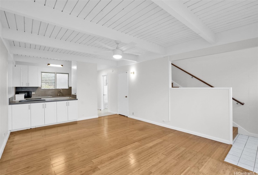 Multiple storage cabinetry in kitchen. Fresh paint.