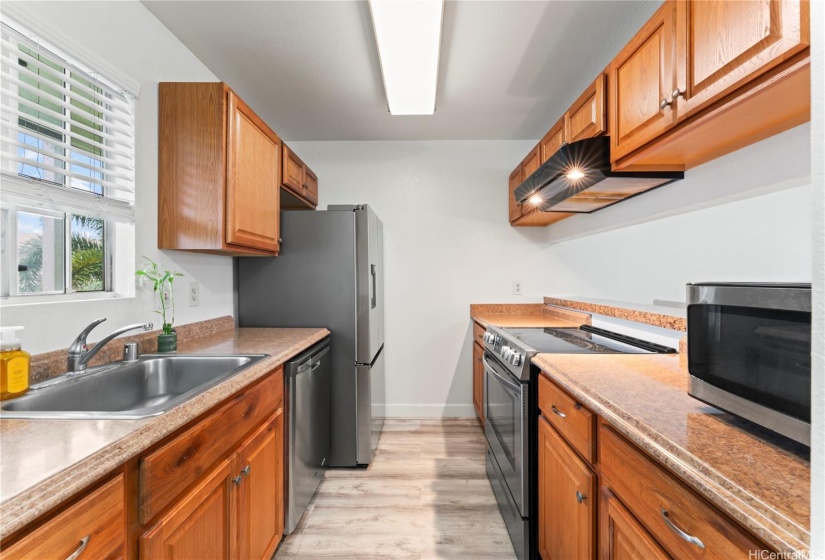 view of the well-lit kitchen.