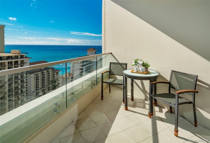 Enjoy beautiful ocean views from large lanai facing Diamond Head. Can see a peek of Diamond Head and Waikiki Beach Shoreline!