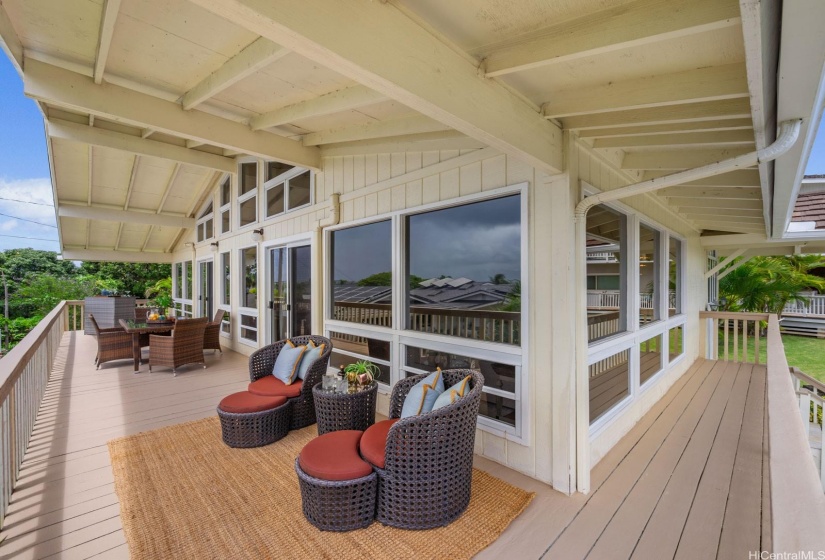 The ~400 sf second story covered lanai is perfect for taking in the Kaneohe Bay and Ko'olau mountain views while lounging, dining and entertaining.