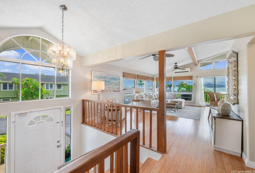 Bright and airy two story home with tons of windows for natural light and enjoying the tradewind breezes and ocean air.  The second story features a vaulted ceilings in the living room, dining room, kitchen and primary suite - all with stunning Kaneohe Bay and Ko'olau mountain views.  Upstairs you'll also find a large laundry room, two additional bedrooms and a full bath and plenty of closet space.