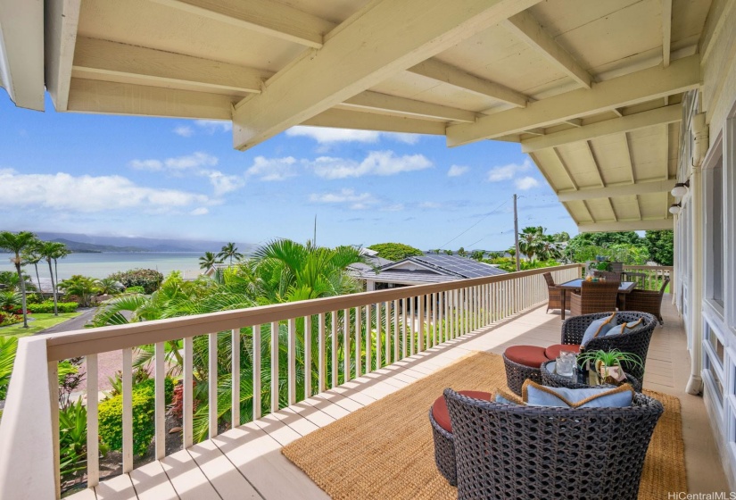 The ~400 sf second story lanai is perfect for taking in the Kaneohe Bay and Ko'olau mountain views while lounging, dining and entertaining.