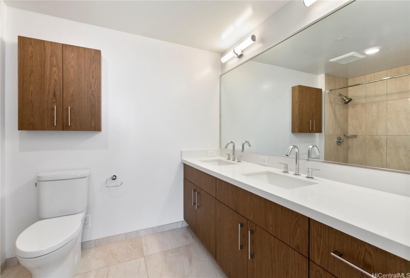 Spacious Primary Bathroom with double sinks.