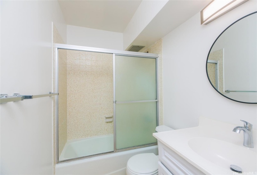 Hall bathroom with new vanity/counter/hardware/light/mirror (shower/enclosure/toilet older)