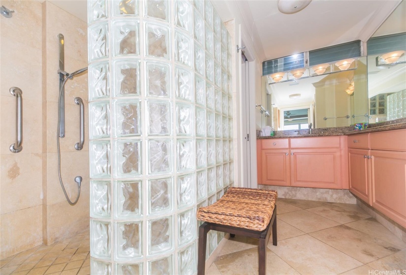 This extra large primary bathroom is a dream! Extra cabinet space and a lovely walk in shower.