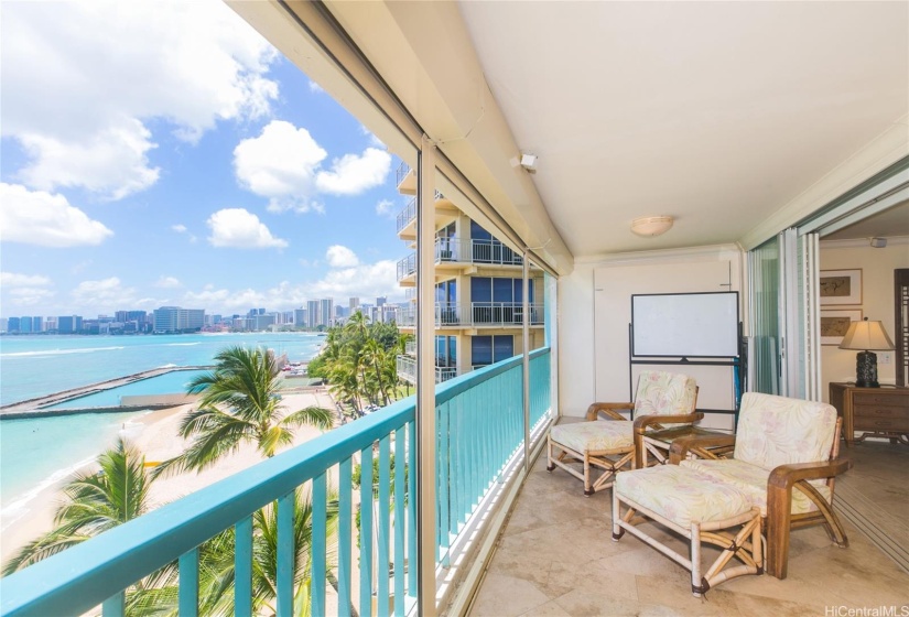 Another view from the lanai. This lanai has a fabulous bonus as each end (one shown behind whiteboard) has a murphy bed! Guests welcome!!!