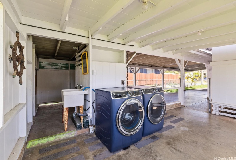 Outdoor washer and dryer with full bathroom.