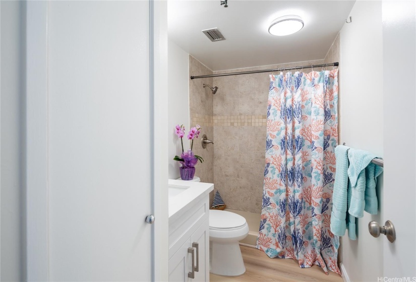 This beautiful bathroom was previously remodeled, however, the luxury vinyl flooring, vanity, mirrored medicine cabinet, sink, faucet, and light fixtures are new in 2024.