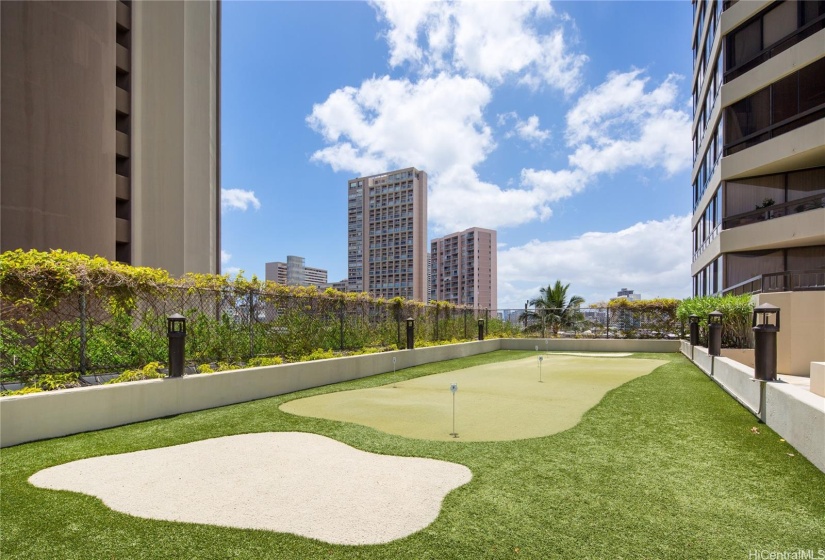 Putting Practice area for the golfers.  The public Ala Wai Golf course is nearby.