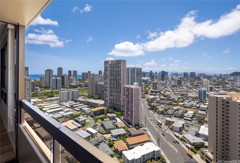 Sit on the lanai and take in the view of Waikiki, Ocean, Ala Wai Canan, and Kapiolani Blvd on bus line to Ala Moana Center.