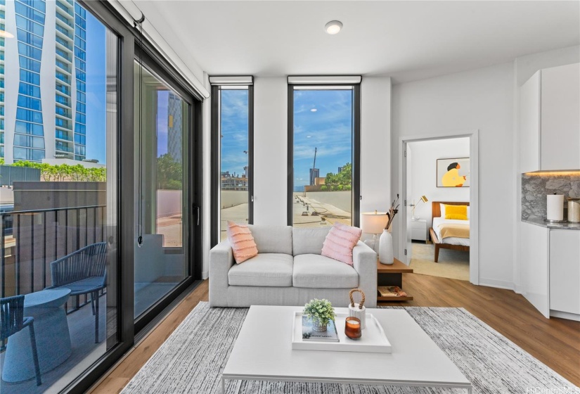 A very cozy view of the living room and Lanai area and bedroom 2