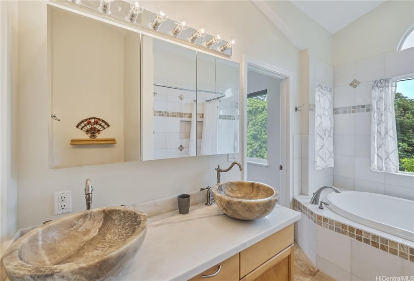 Primary bathroom with tub and shower