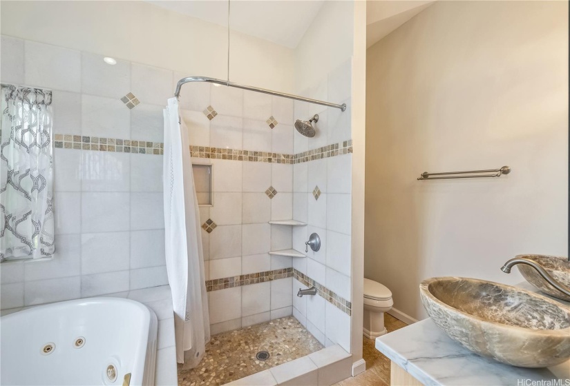 Primary bathroom with tub and shower