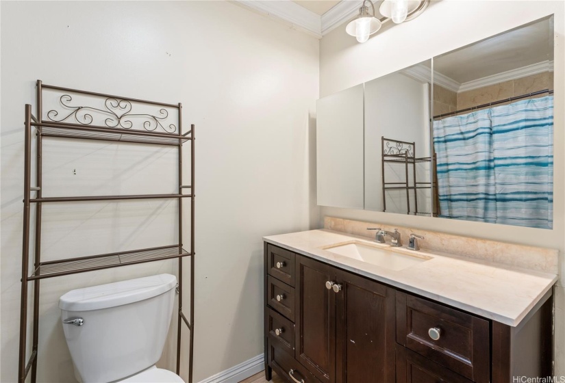 Main upstairs bathroom with tub and shower combo