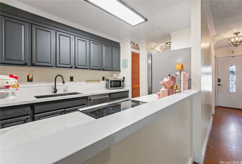 Kitchen with super long breakfast bar (front door on the right side of the photo)