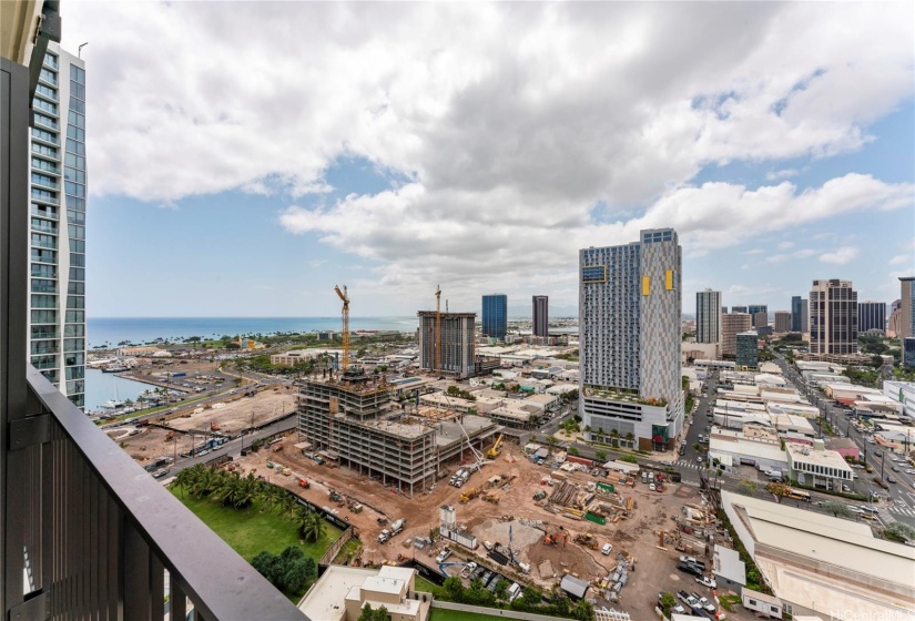 Protected views of Kewalo Harbor and the ocean from your lanai over Victoria Park!