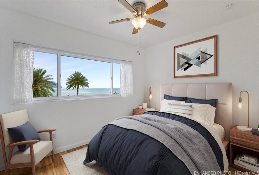 Virtaully Staged Primary Bedroom with wonderful views! Enhanced photo