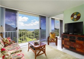 Lower Floor view-Garden and some Ocean views! Double sofa sleeper! Tile throughout with a comfortable rug in living room!