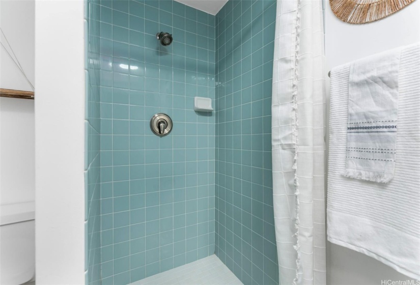 Vibrant shower tiles infuse your home with the essence of the ocean.