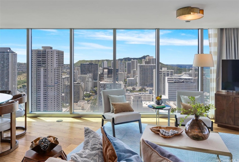 The view of Diamond Head from the large floor-to-ceiling windows is breathtaking.