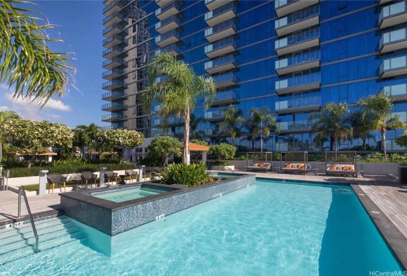 The Collection's recreation deck includes this infinity pool with 2 Jacuzzis.