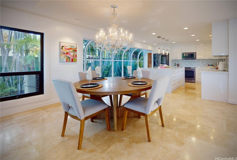 Dining area with crystal chandelier