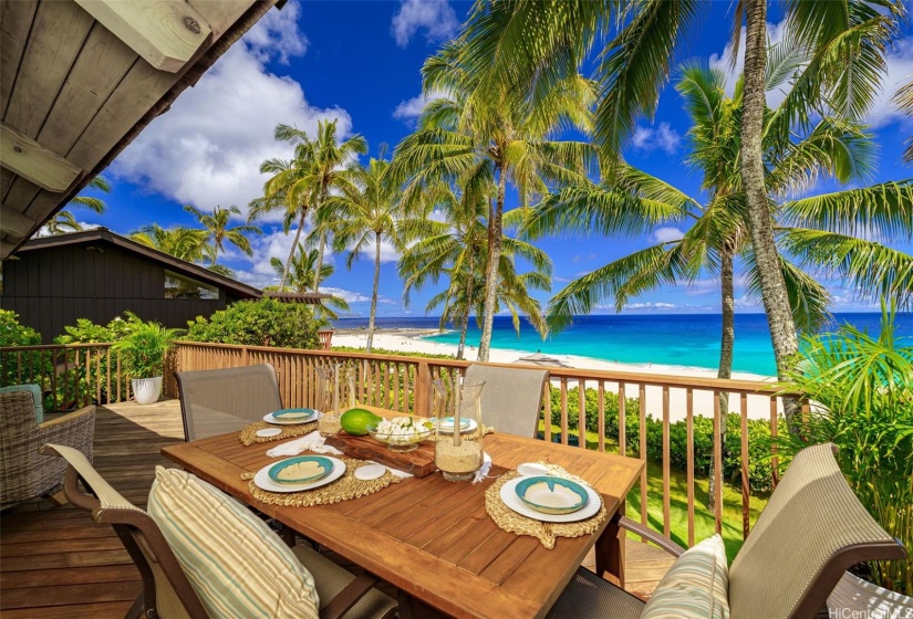 Elegant Sunset dinner awaits you on the picturesque lanai. Custom wood decking and a pathway to the beach. Expansive views of Rocky Point and beyond!