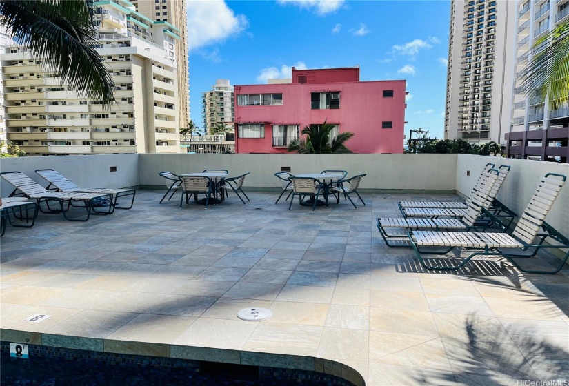 Tables and seats on pool deck