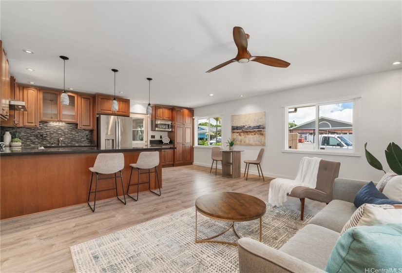 Open living room and kitchen area.