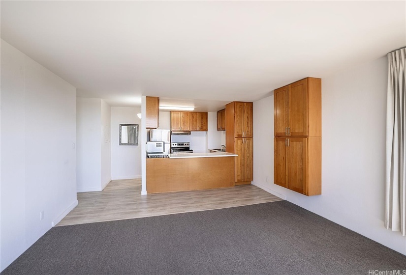 Spacious kitchen flows into living room.