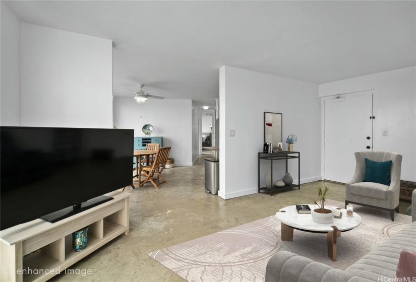 Living room looking into kitchen area