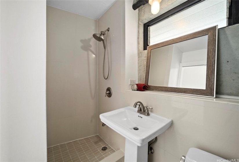 Sleek and modern hallway bathroom