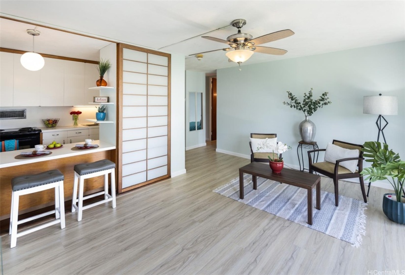 living area and eat in counter